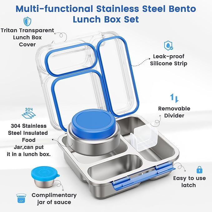 Stainless Steel Bento Box Kids Adult with 7oz Soup Thermo, Transparent Lid 3 Compartments Metal Bento Lunch Box with Insulated Food Jar,Lunch Box Container Sauce Cup for School,BPA-Free (Blue)