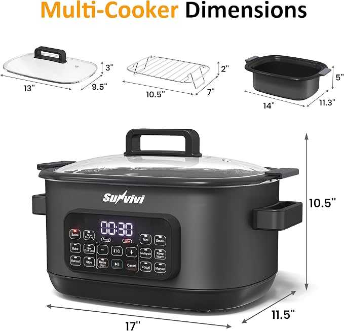 Sunvivi 12-in-1 Programmable Slow Cooker 6.5QT with Timer & Keep Warm | Multicooker with Timer & Temp Control, Dishwasher Safe Lid & Removable Nonstick Crock, Stainless Steel Rack, Black