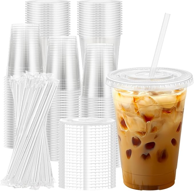 Lamosi 100 Pack 16 oz Clear Plastic Cups with Lids and Straws | Disposable Plastic Cold Cups for Iced Coffee, Smoothies, Parties, Picnics, Office Drinks, Light To-Go Use and Easy Cleanup
