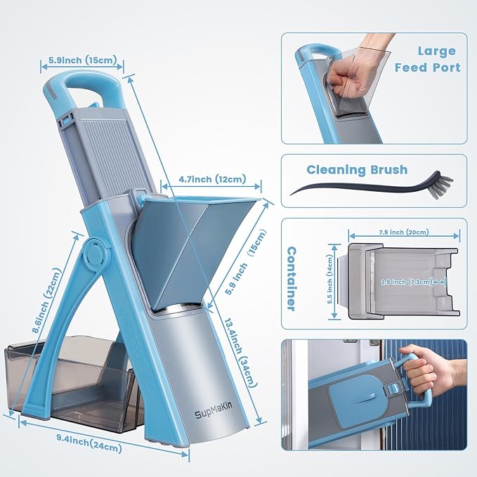 SupMaKin Upgrade Safe Mandoline Slicer Plus, Vegetable Chopper, Potato Slicer, Food Slicer Onion Chopper, Fry Cutter, Veggie Salad Dicer Kitchen Chopping Artifact Gifts (Blue) | 0.1-8mm, Cut Resistant Stainless Steel Blades,Potato Fry Cutter, Onion Cho...