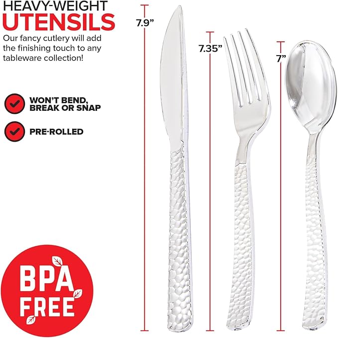 400PCS Silver Wrapped Silverware Set Disposable Hammered for Wedding | Pre-Rolled and Individually Wrapped, 100 Guests, Durable and Sturdy, BPA free, Includes Matching Napkins, for Upscale Dinners