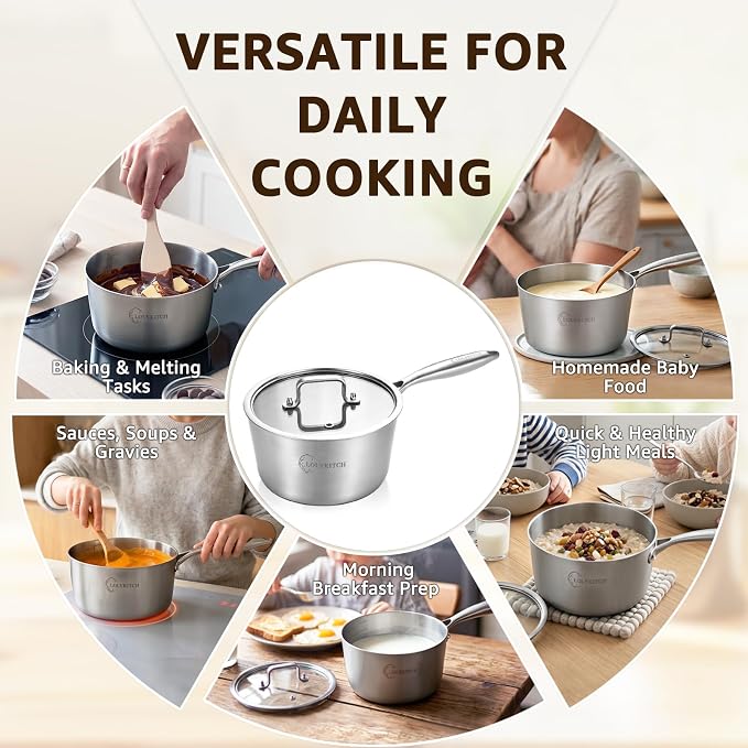 LOLYKITCH 1 & 2 & 3QT Stainless Steel Saucepan Set with Glass Lids | Tri-Ply | Uncoated | Heavy Bottom | Cooking Pots | Metal Sauce Pans for Induction Cooktop | Ergonomic Handle