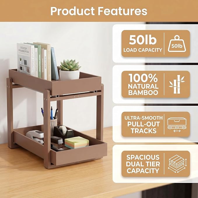 Bamboo Under Sink Storage 2 Tier Pull Out Cabinet Organizer Slide Out Under Sink Storage Shelf Undersink Organizers Shelves for Kitchen Bathroom Organization (Brown, 1 Pack)