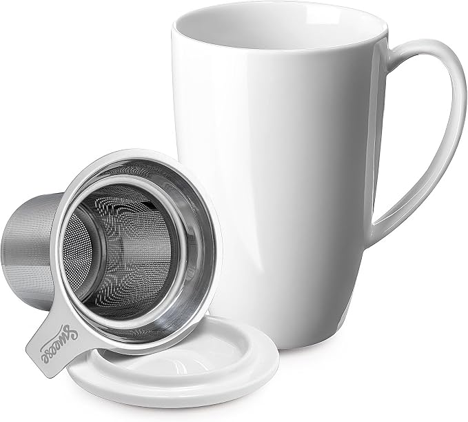 Sweese 15oz Porcelain Tea Mug with Infuser and Lid – Microwave Safe, Ergonomic Handle, Lead-Free Glaze, for Loose Leaf Tea White;