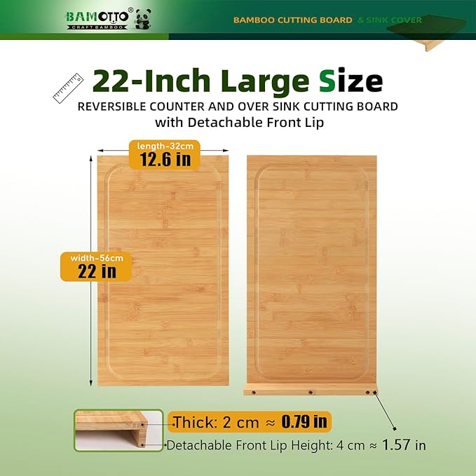 BAMOTTO CRAFTBAMBOO 12.6x22 Inch Bamboo Cutting Board, Over Sink | Detachable Non-Slip Front Lip | Reversible Dual Juice Grooves | Countertop Extension for Small Kitchen RV Camper Stove Cover