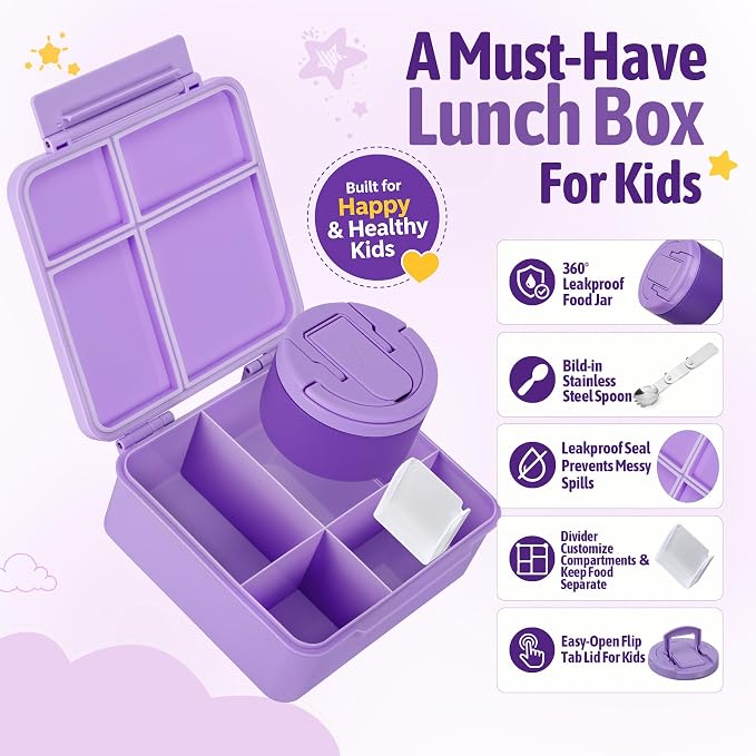 Bento Lunch Box Set for Kids with 8 oz Soup Thermo, Leakproof Hot Food Container with 4 Compartments, Insulated Food Jar for Toddler Daycare Boys Girls School - Purple