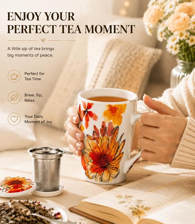 GBhome Tea Mug with Infuser and Lid,18 Ounce Ceramic Loose Leaf Cup Steeper | Lead-Free Glaze For Tea Lovers,Microwave & Dishwasher Safe with Tea Strainer