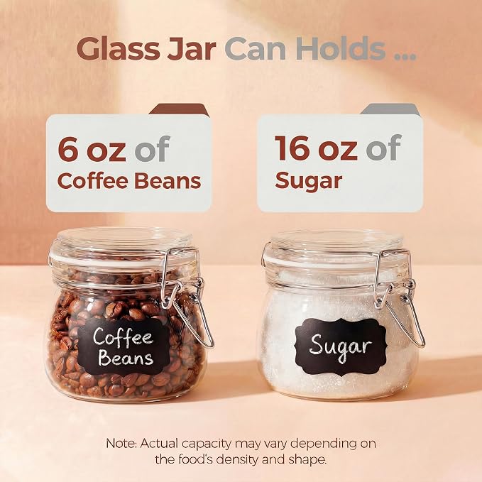 17 oz Round Glass Jars with Airtight Lids, 6 Pack Mason Jar with Clamp Lids | Air Tight Glass Food Storage Containers with Lids Keep Food Dry & Fresh, Best Canister for Flour, Sugar, Cereal, Rice, Coffee