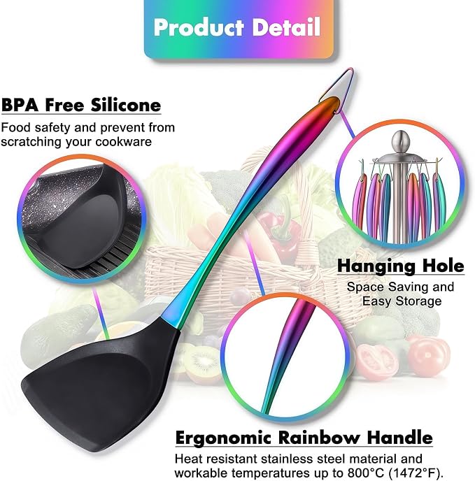 Silicone Cooking Utensils Set, 17pcs Kitchen Utensil Set with Rotatable Holder, Heat-Resistant Silicone Utensils for Cooking, Non-Stick Spatula Set with Stainless Steel Handle,Turner,Ladle (Rainbow)