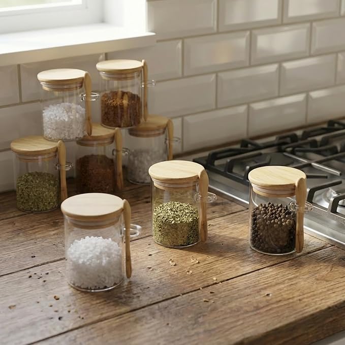 7.6 oz Airtight MiniGlass Jars Set of 8 with Bamboo Lids and Spoons | Spice Jars Small Food Storage Containers for Kitchen, Bathroom, Home Decor. One Can, One Bamboo Spoon, Reuse, Clean and Tidy