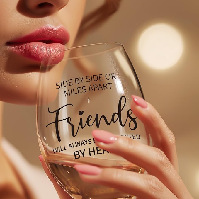 Friendship Gifts for Women – 15oz Crystal Wine Glass, Dishwasher washable | With “Side by Side or Miles Apart Friends will Always be Connected by Heart” Quote, llong distance gifts