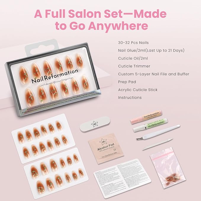 Nail Reformation Press On Nails, Rose Gold Foil Medium Almond Fake Nails | Brown Blush Shimmer with Glossy Finish, Reusable Stick On False Nails in 15 Sizes - 30 Nail Kit with Glue, Gifts for Women