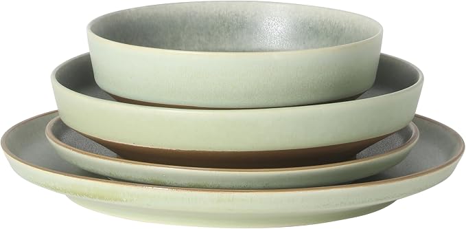 Gibson Elite Octavia Place 16 Piece Stoneware Dinnerware Set, Service for 4, Coupe Modern Plates & Bowls, Reactive Glaze Finish, Green, Microwave & Dishwasher Safe