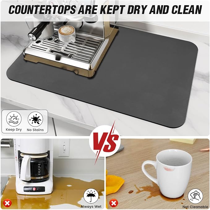 DK177 Coffee Mat - Dish Drying Mat for Kitchen Counter, Hide Stain, Absorbent with Waterproof Rubber Backing, Fit Kitchen Dish Rack Bar Accessories (Dark Gray, 31.5" x 17")