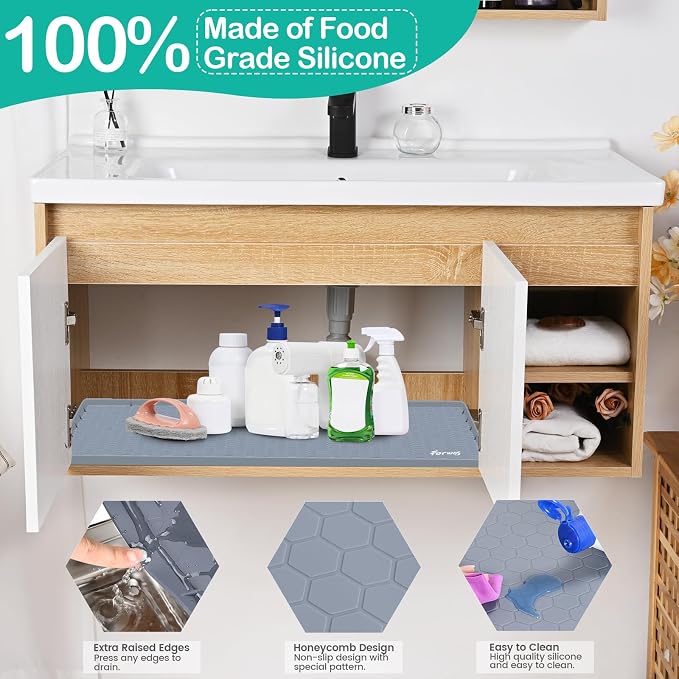 Silicone Under Sink Mat, 31"x22", Waterproof Cabinet Liner, Grey | Shelf Liner, Cabinet Protector, Home Organizer, for Kitchen, Bathroom, Multipurpose, Leak Proof, Easy Clean, Drip Tray, Clean