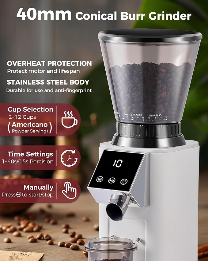 Tuni G1 Conical Burr Coffee Grinder, 48 Grind Settings, Ivory | Stainless Steel Anti-static Burr Mill, Precision Electric Timer and LED Touchscreen for Espresso/Drip/Cold Brew/French Press