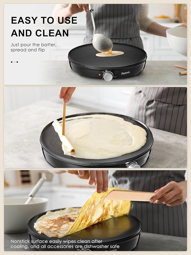 Reemix Crepe Maker Machine, Compact Pancake Griddle | Precise Temperature Control, Nonstick 12” Electric Griddle, Batter Spreader for Eggs, Pancakes, Omelets and Quesadillas