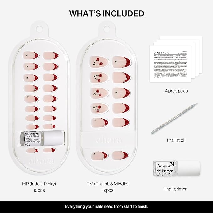 ohora Gel Press On Nails | Red, French, Medium Oval | Cherry Pop | Salon-Quality, 100% Real Gel, No UV Lamp, No Glue, Non-Toxic | 15 Sizes, 30 Tips | Long Lasting press ons, K beauty nails