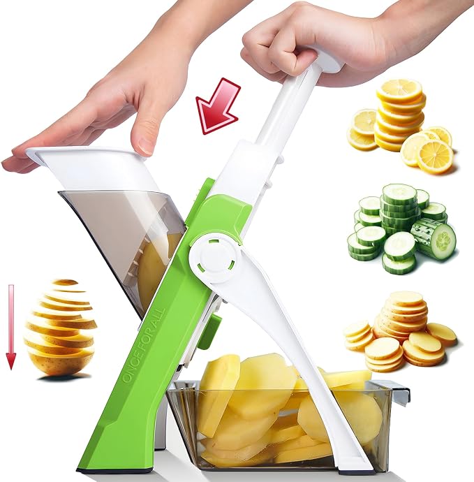 Safe Mandoline Slicer for Kitchen, Vegetable & Food Cutter (Only Slice) | Thickness Adjustable 0.1-8 mm, Potato Slicer for Chips, Easy to Clean, Storage, Kitchen Faster Slice, Dishwasher-safe (Green)