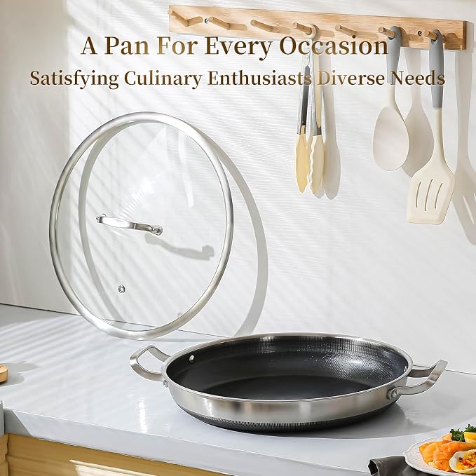 DELARLO Nonstick Paella Pan With Lid 14 Inch, Tri-Ply Stainless Steel Large Skillet, Everyday Pan, Fast & Even Heating Induction Cooking Pan, Dishwasher and Oven Safe, Heavy Duty Style