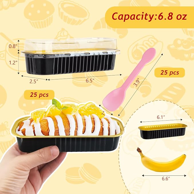 LNYZQUS Mini Loaf Pans with Lids, 6.8oz Cake Tins for Small Bake | 25 Pack, Rectangle, Black, Disposable Aluminum Foil Baking Cups, Individual Dessert Containers for Party Treats