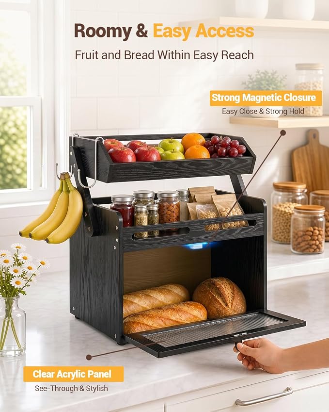 Bread Box for Kitchen Countertop, Bamboo Bread Storage Container with Fruit Basket, Clear Door & Magnetic Closure, Raised-Rail Shelves & 2 Banana Hooks, Farmhouse Pantry Organizer, Black