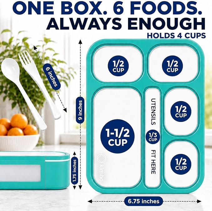 kinsho Bento Box Lunch-Box Containers for Kids, Adults | 6 Compartment Lunch-Boxes | Leakproof School Bentobox, Snack or Meal Portion Container | BPA-Free, Teal