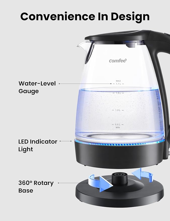 COMFEE' Glass Electric Kettle, 1.7L Fast Boil with LED Indicator