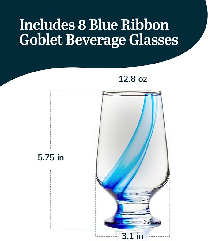 Libbey Blue Ribbon Goblet Glasses, Artisan Inspired, Durable Water Goblets Set of 8, Clear, Stemmed Water Glasses to Showcase Sodas, Cocktails