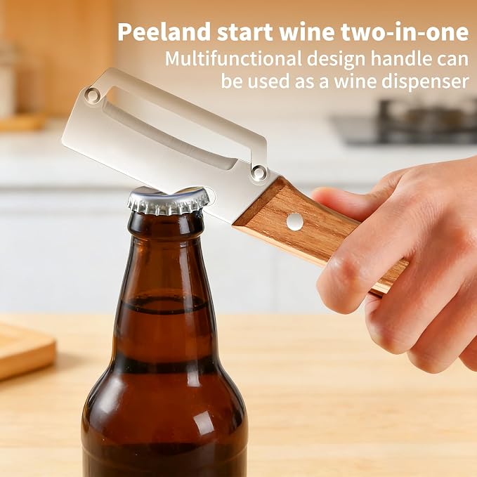 Vegetable Peeler for Kitchen, Stainless Steel Blade with Wooden Handle | 2-in-1 MultiFunctional Fruit Vegetable Peeler, Sharp Wide Blade, Anti-Slip, Bottle Opener, for Potato Apple Pumpkin Prep