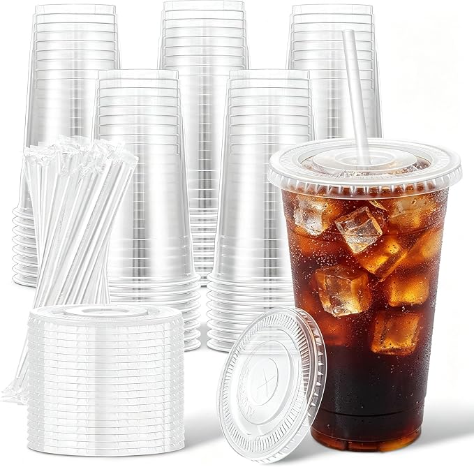 Clawsoff 50 Pack 20 oz Disposable Clear Plastic Cups with Lids and Straws | Leak-Proof Sturdy Cold Drink Cups for Iced Coffee, Smoothies, Juice, Parties