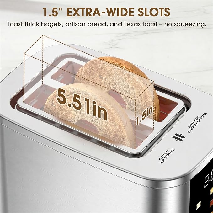 Foyoconven 2 Slice Toaster with Touch Screen, 1.5" Extra Wide Slots for Bagels & Thick Bread, Stainless Steel, Digital Countdown Timer, 6 Shade Settings, Defrost/Reheat/Cancel, Removable Crumb Tray