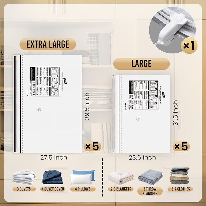 TAILI 10 Pack Vacuum Storage Bags, 2 Size Combo(5 Large+5 Jumbo), Clear | LONG SIDE ZIP Vacuum Seal Bags for Clothing, Space Saver for Beddings, Comforters, Blankets, Pillows