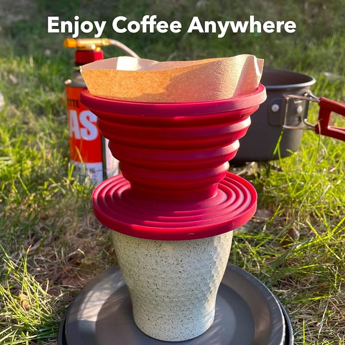 Attsky Collapsible Pour Over Coffee Dripper for Camping, 2-Pack, Red | Reusable Silicone Filter Holder for Travel & Backpacking, Brews 2+ Cups, Single-Cup Brewer, Compact Camp Coffee Maker Kit