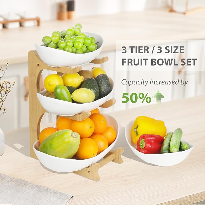 Seven Sparta 3 Tier Fruit Bowl for Kitchen Counter (PLUS Series) / Ceramic Serving Bowls with Bamboo Stand/Big Size Tiered Fruit Basket for Fruit Vegetable Storage, Dessert, Salad Buffet Server