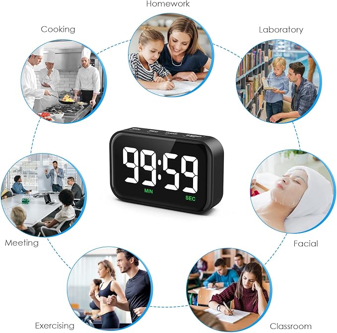 Digital Kitchen Timer, Large LED Display Count Up Countdown | Magnetic Classroom Timer, 3 Volume Levels, Visual Timer for Cooking/Office/Kids/Work/Study, Black (Battery Included)