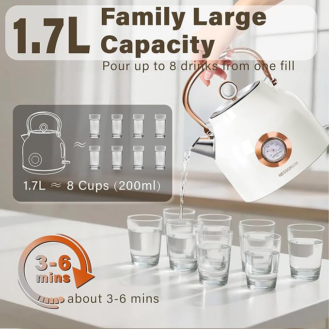Retro Electric Kettle, 1.7L Stainless Steel Tea Kettle with Large Temperature Gauge, 1500W Fast Heating Hot Water Boiler with LED Indicator, Auto Shut-off & Boil-Dry Protection-Reteo White