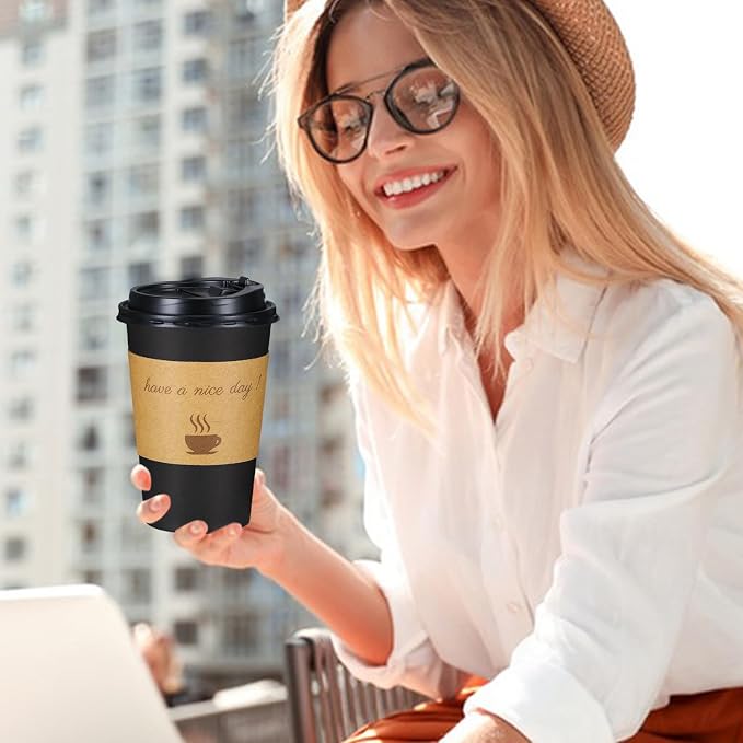 Lamosi 100 Pack 16 oz Coffee Cups, Disposable To Go Paper Cups with Lid | Hot Insulated Cups with Lids, Stir Sticks and Sleeves for Cold Drinks, Tea and Latte, Cafe, Travel and Home Use