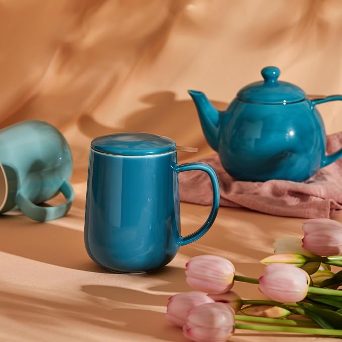 Sweese Porcelain Teacup with Infuser and Lid, 20oz, Steel Blue, Microwave Safe, Reusable