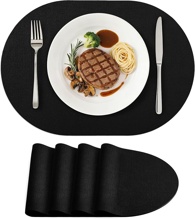 Placemats Set of 4, 11.8 x 17 Inch, Black | Heat Resistant Oval Faux Leather Place Mats, Waterproof Wipeable Reversible PU Placemat, Indoor & Outdoor