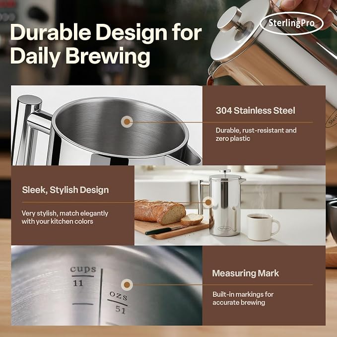 SterlingPro Large Insulated Stainless Steel French Press Coffee Maker 51oz Capacity (44 oz Brew Yield) – Double Wall Metal Coffee Press | Plastic Free | Cool-Touch | Mirror Finish | 12 Cups / 6 Mugs