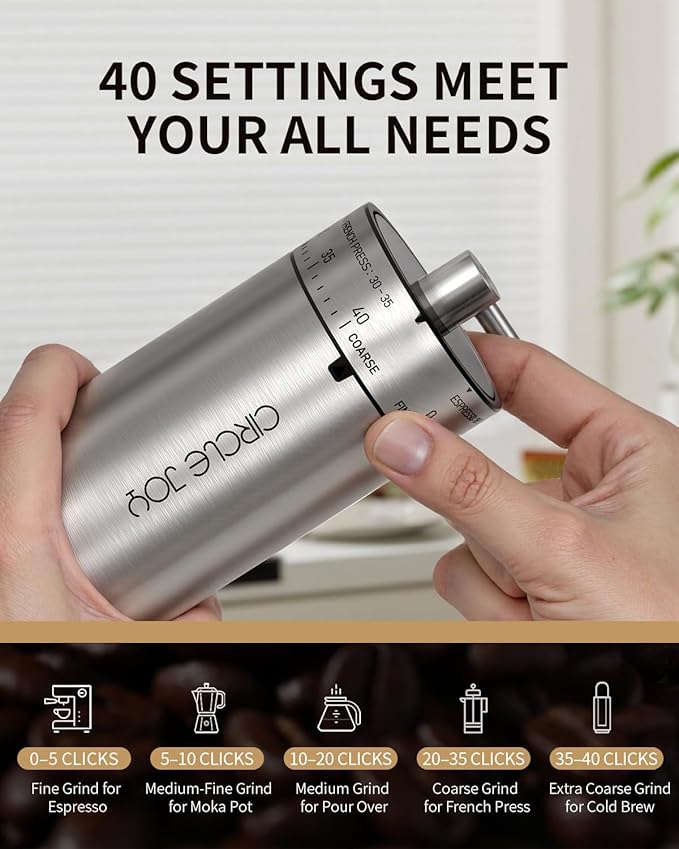 CIRCLE JOY Manual Coffee Grinder with 40 External Adjustable Settings, Stainless Steel Burr Coffee Bean Grinder, Portable Hand Coffee Grinder for Home and Travel, Silver