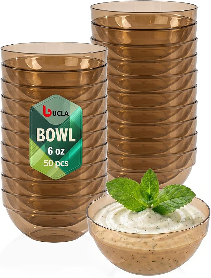 bUCLA 50 Pack Plastic Prep Bowl Sets, 6oz Clear Brown Small Pinch Bowls | Small Bowls for Salt, Spices, Chopped Ingredients, Dipping Sauces, Ice Cream Toppings, Pudding
