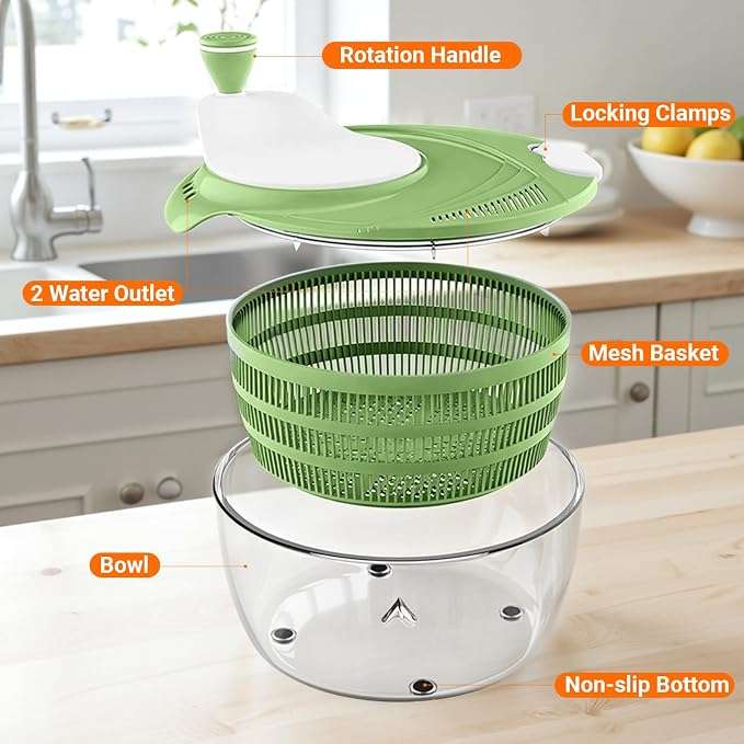 Salad Spinner Lettuce Spinner with Drainage Holes, 5 Chopping Blades, Green | 5.3 QT Large High Efficiency Fruit Vegetable Washer Dryer, Easy Press Kitchen Tool for Leafy Vegetables