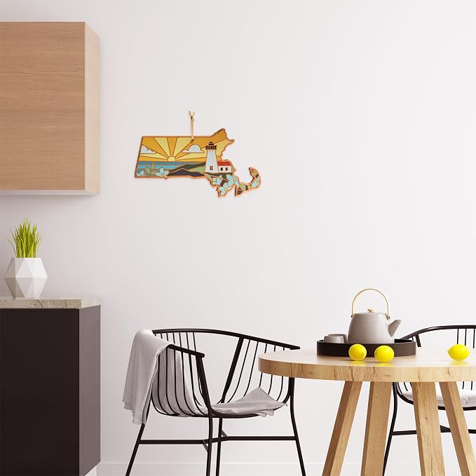 Totally Bamboo Massachusetts State Shaped Cutting Board, Summer Stokes Art | State charcuterie board with colorful hand-drawn landscape art. Smooth reverse side for food prep. Hang tie for wall display.