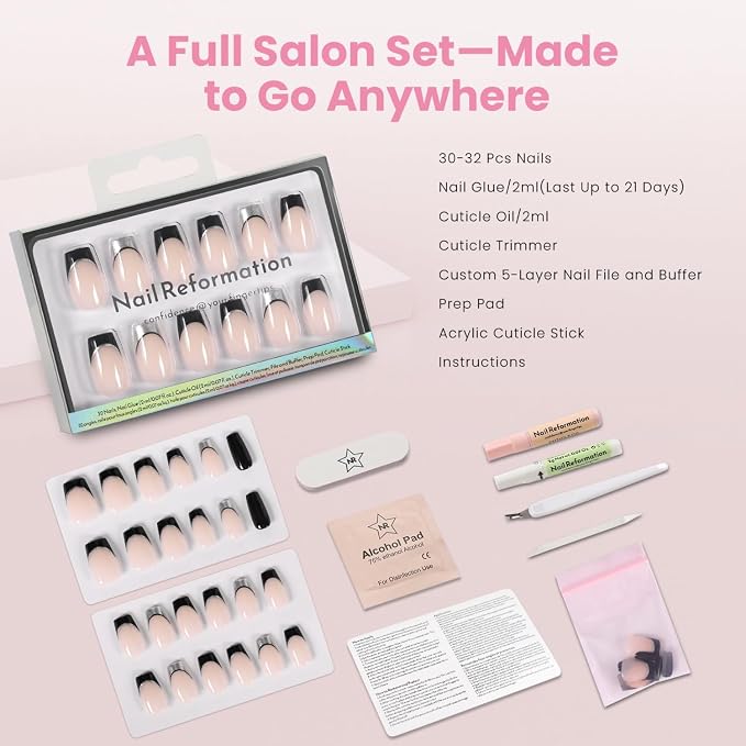 Nail Reformation Press On Nails, Smoky Mirror | Short Coffin Fake Nails | Nude Base & Black Chrome French Tips, Reusable Stick On Nails Kit - 32 Pcs in 16 Sizes with Glue, Manicure Gifts for Women