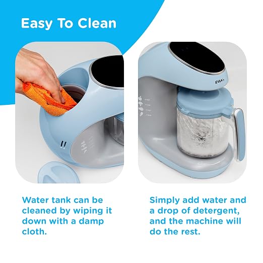 EVLA'S Baby Food Maker, Steamer, Blender, Baby Food Processor for Healthy Homemade Baby Food in Minutes, Touch Screen with 6 Reusable Food Pouches, Baby Registry Essential, Blue | Blend, Grind, Steam, and Cook Homemade Baby Food, Self Cleaning Machine ...