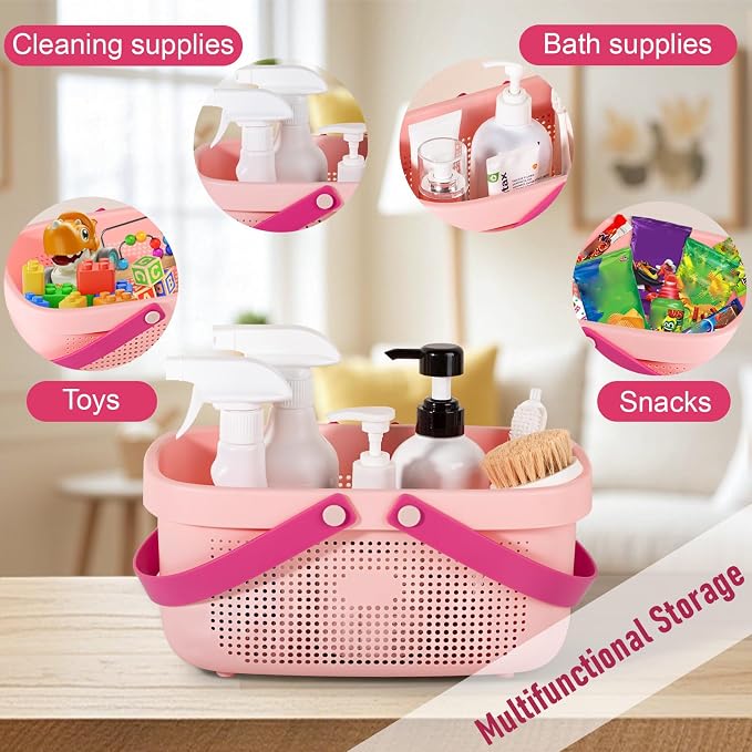 Portable Shower Caddy Basket with Handles Plastic Storage Basket Light Pink | Sturdy Drainage Large Capacity Organizer Basket with Silicone Handles for Bathroom Kitchen Bedroom College Dorm Essentials