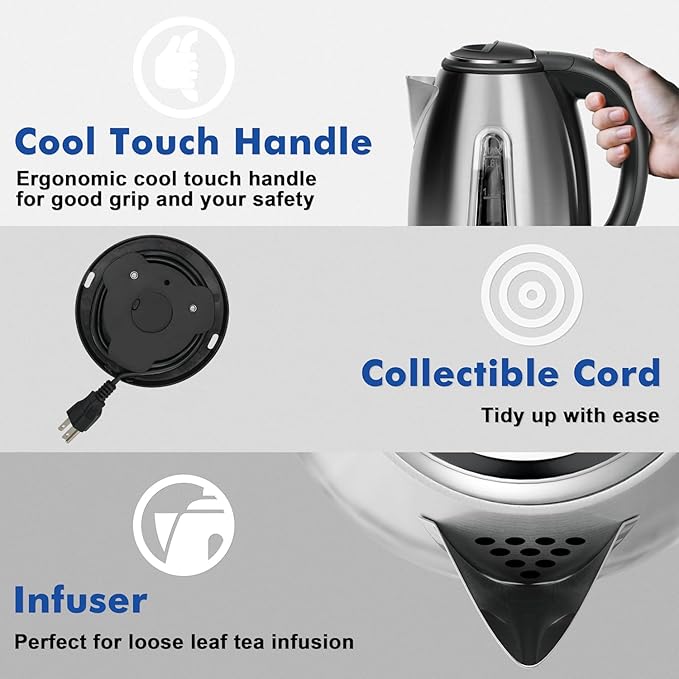Stainless Steel Electric Kettle, 1.8 Liters Tea, Coffee Kettle & Hot Water Boiler, 360° Swivel Base, BPA Free, Auto Shut-Off, Boil-Dry Proof, 1100W