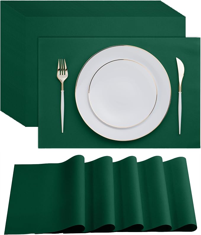 Disposable Green Paper Placemats for Dining Table - 100-Pack 18" x 12" Cloth-Like Rectangle Paper Placemats for Christmas, Baby, Kids, Party Or Weddings.
